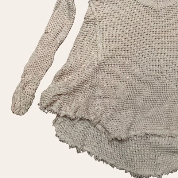 Free People Moonshine V Neck Sweater in Cream Waffle Knit Cold Shoulder - Picture 3 of 7